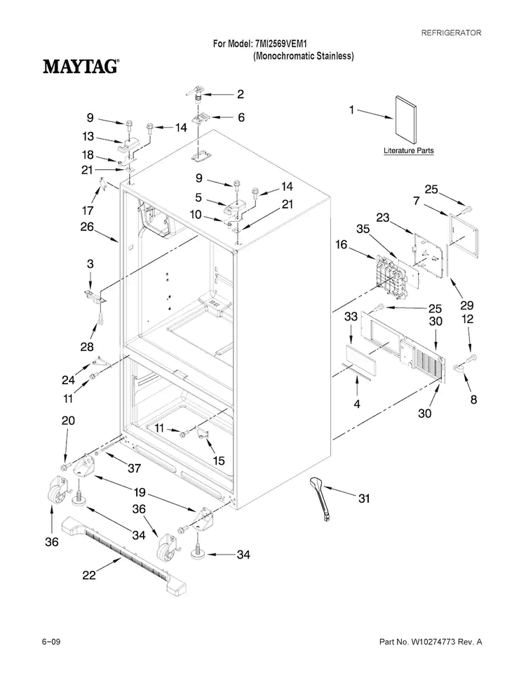 Cabinet Parts Diagram and Parts List for 7MI2569VEM1  Maytag Refrigerator