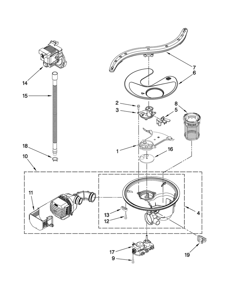 Pump, Washarm And Motor Parts Diagram and Parts List for JDB3200AWW3  Jenn-Air Dishwasher