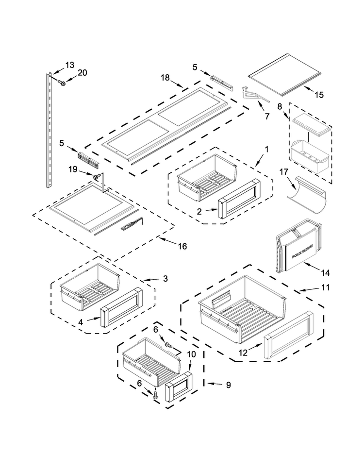 Shelf Parts Diagram and Parts List for JF42NXFXDE01  Jenn-Air Refrigerator