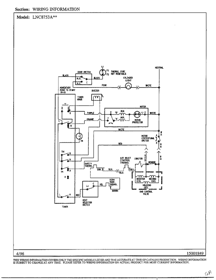 Wiring Information Diagram and Parts List for LNC-8753A77  Maytag Dryer