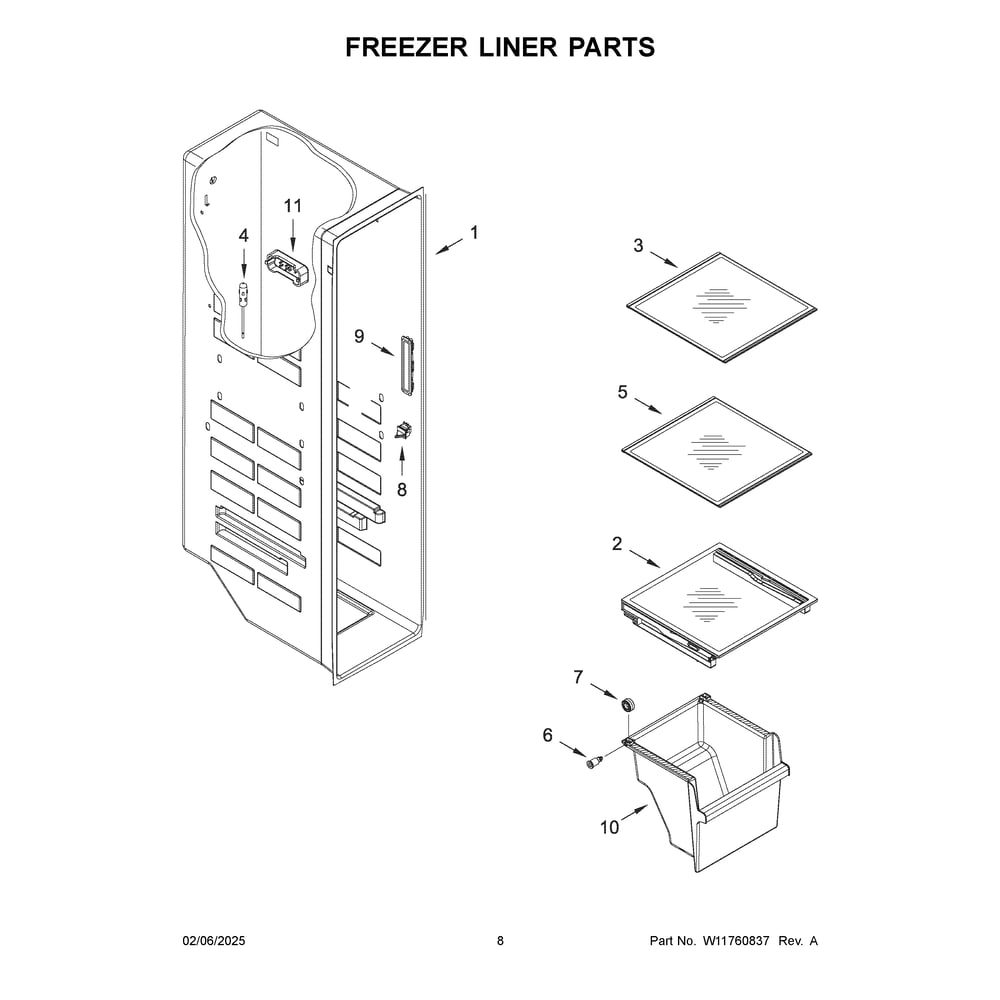 Freezer Liner Parts Diagram and Parts List for MRSC6636RZ00  Maytag Refrigerator