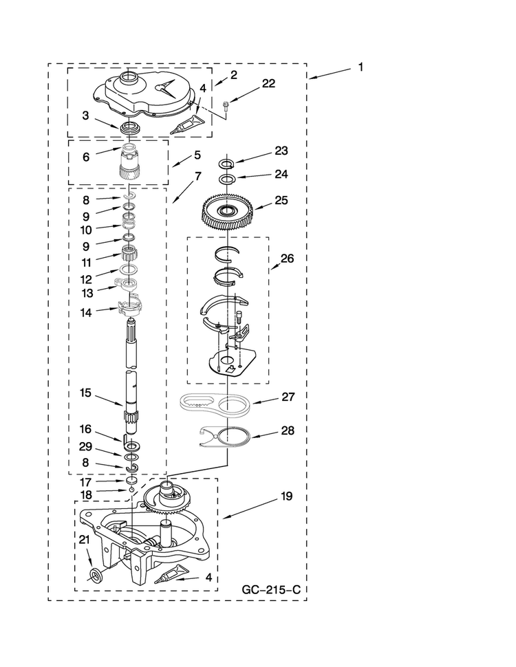 Gearcase Parts Diagram and Parts List for 4KMTW5955TW1  Maytag Washer