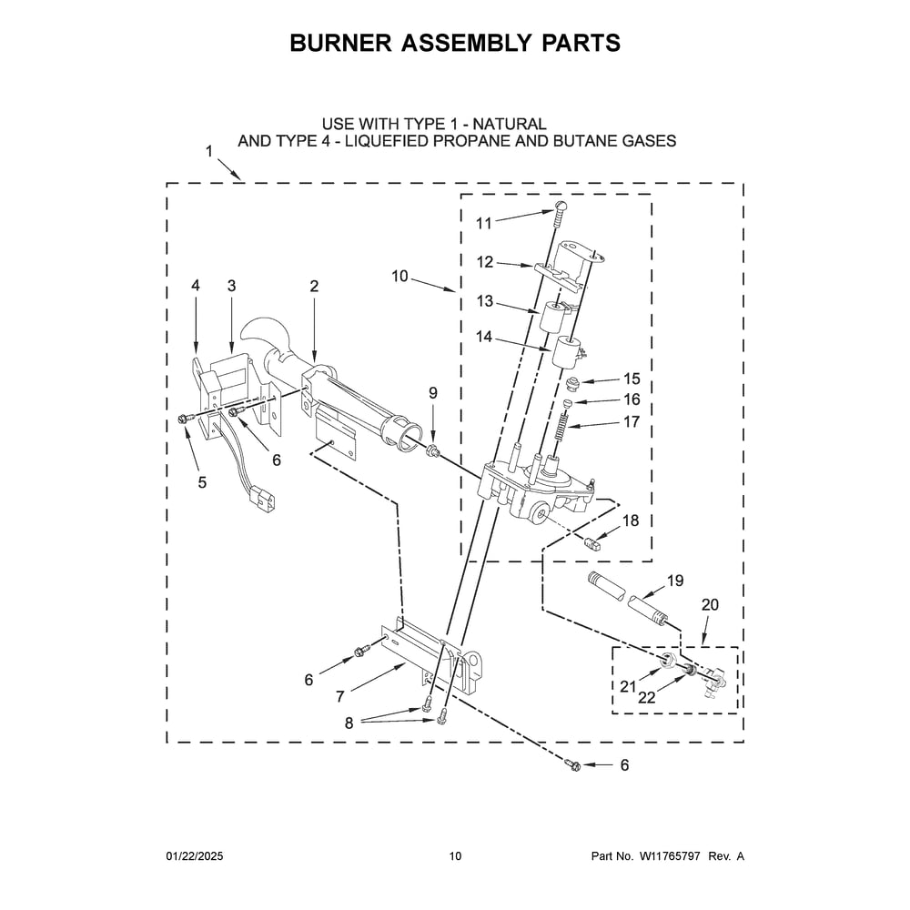 Burner Assembly Parts Diagram and Parts List for MLG26PRFWW0  Maytag Dryer