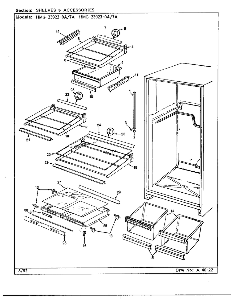 Shelves & Accessories Diagram and Parts List for 23922-0A  Admiral Refrigerator