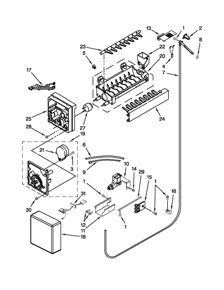 Icemaker Parts Diagram and Parts List for JF42SSFXDA01  Jenn-Air Refrigerator