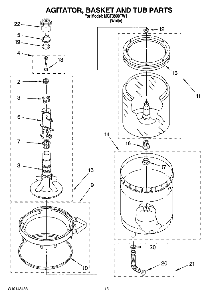 AGITATOR, BASKET AND TUB PARTS Diagram and Parts List for MGT3800TW1  Maytag Washer Dryer Combo