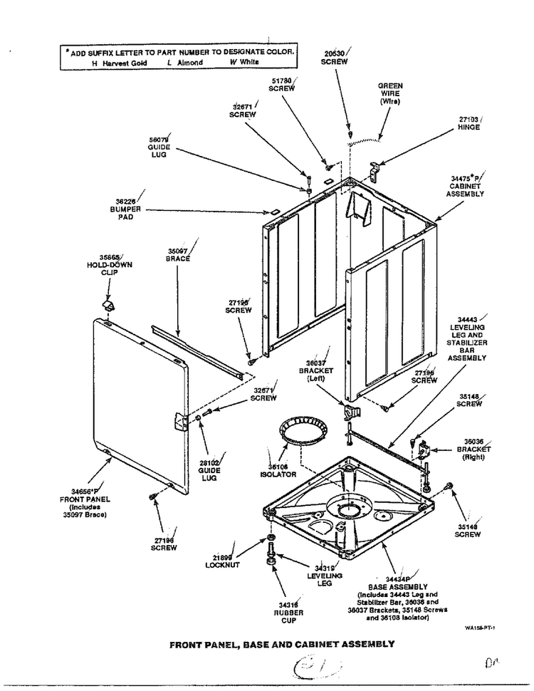 Front Panel/base And Cabinet Assembly Diagram and Parts List for 6497-LW-9203  Amana Washer
