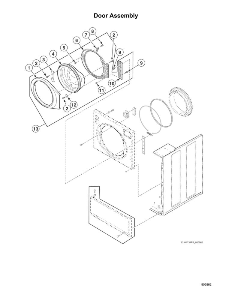 Door Assembly Diagram and Parts List for LFNE5BSP115TW01  Speed Queen Washer