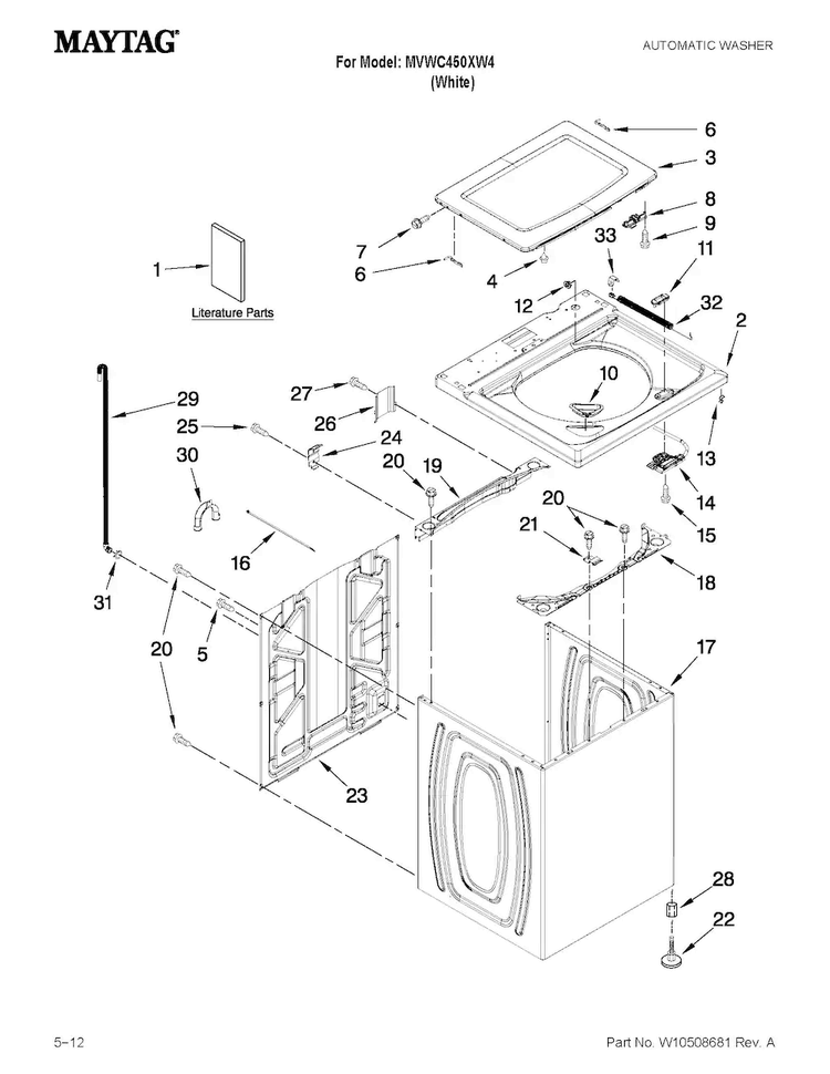 Top And Cabinet Parts Diagram and Parts List for MVWC450XW4  Maytag Washer