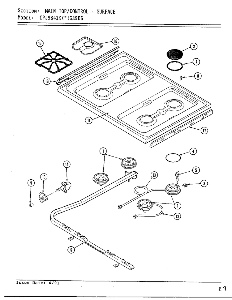 Main Top/control - Surface Diagram and Parts List for CPJ9841K(*)689DG  Hardwick Range