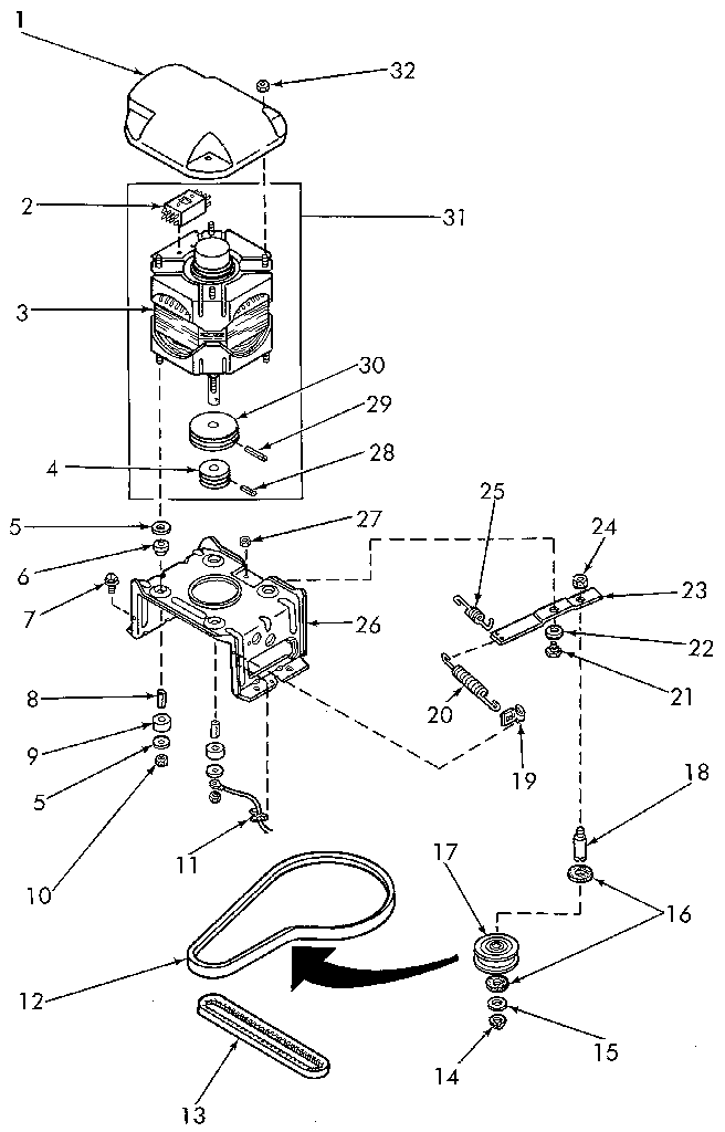 Motor, Mounting Bracket, Belts And Idler Assembly Diagram and Parts List for NA3612L33628  Speed Queen Washer