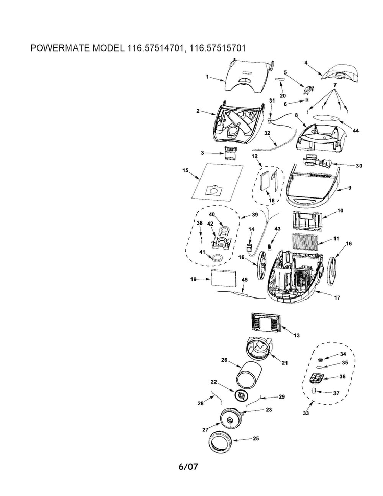 Canister Diagram and Parts List for 11627515701  Kenmore Canister Vacuum