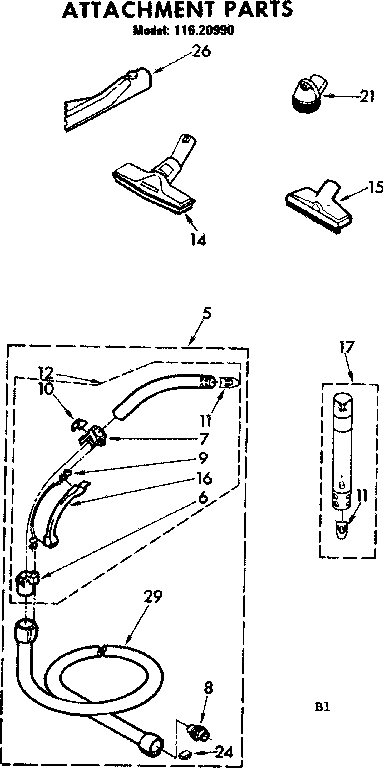 Attachment Parts Diagram and Parts List for 11620990  Kenmore Canister Vacuum
