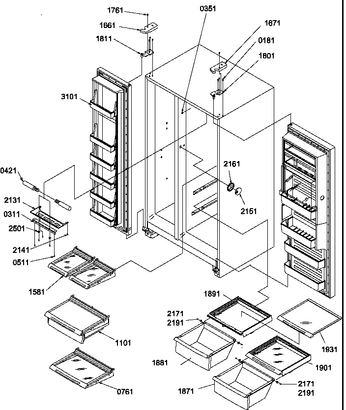 Refrigerator/freezer Shelves, Lights, And Hinges Diagram and Parts List for SB520SW-P1185003WW  Amana Refrigerator