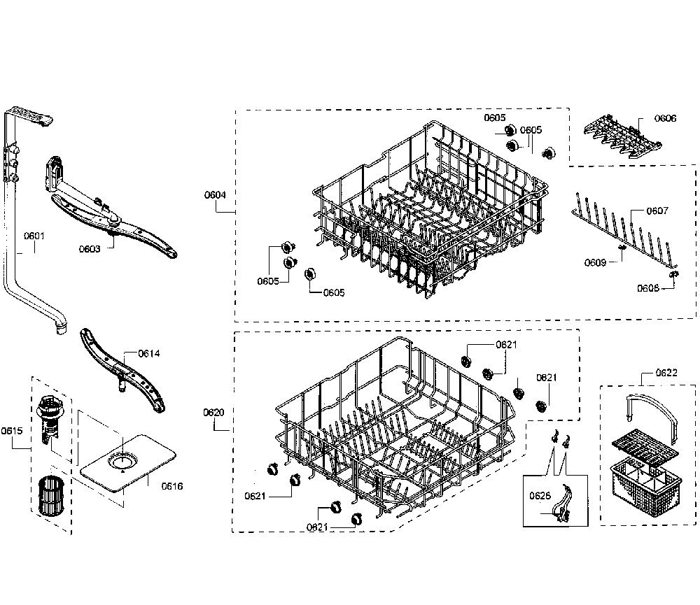 Baskets Diagram and Parts List for 63013909013  Kenmore Dishwasher