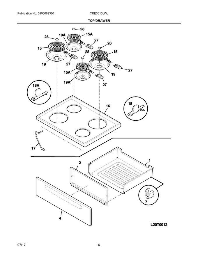 04 - Top/drawer Diagram and Parts List for CRE3510LWJ  Crosley Range