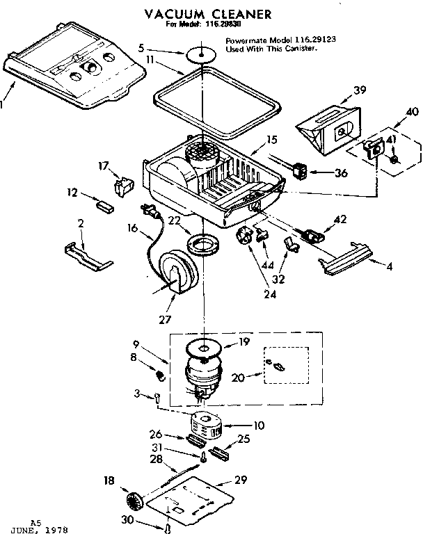 Base Assembly Diagram and Parts List for 11629830  Kenmore Canister Vacuum