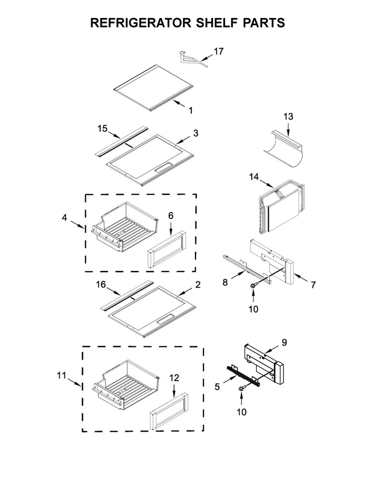 Refrigerator Shelf Parts Diagram and Parts List for JS48SSDUDE01  Jenn-Air Refrigerator