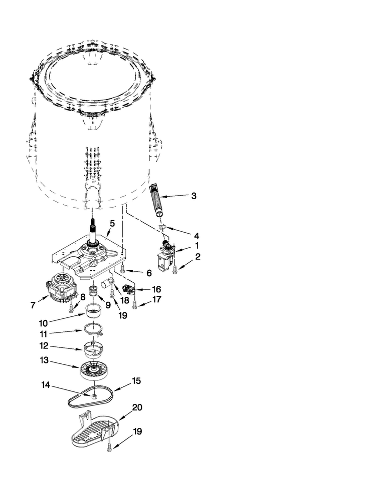 Gearcase, Motor And Pump Parts Diagram and Parts List for 7MMVWX510YW1  Maytag Washer