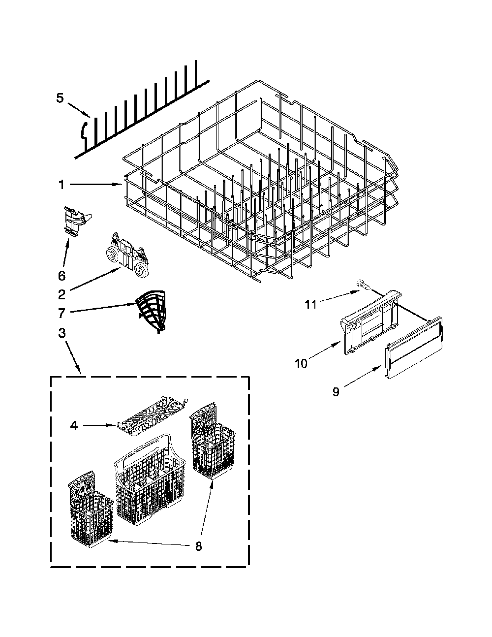 Lower Rack Parts Diagram and Parts List for 66512833K313  Kenmore Dishwasher