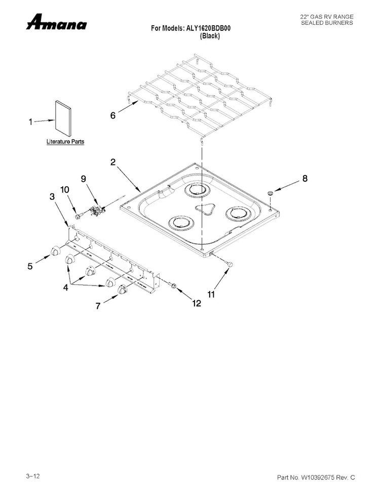 Cooktop Parts Diagram and Parts List for ALY1620BDB00  Amana Range