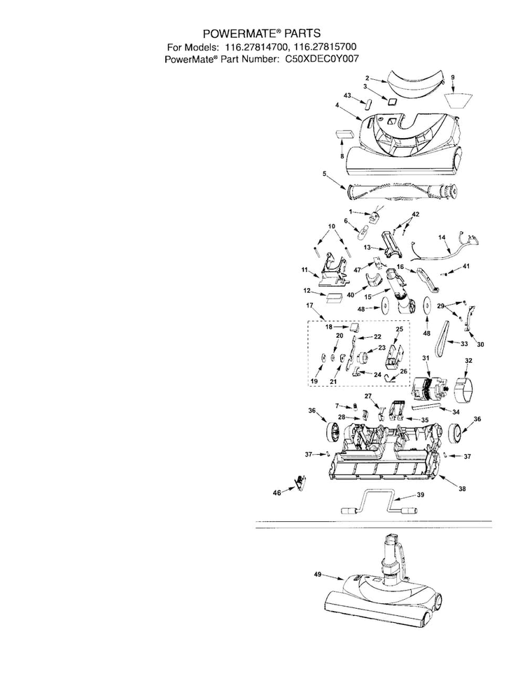 Powermate Diagram and Parts List for 11627815700  Kenmore Canister Vacuum