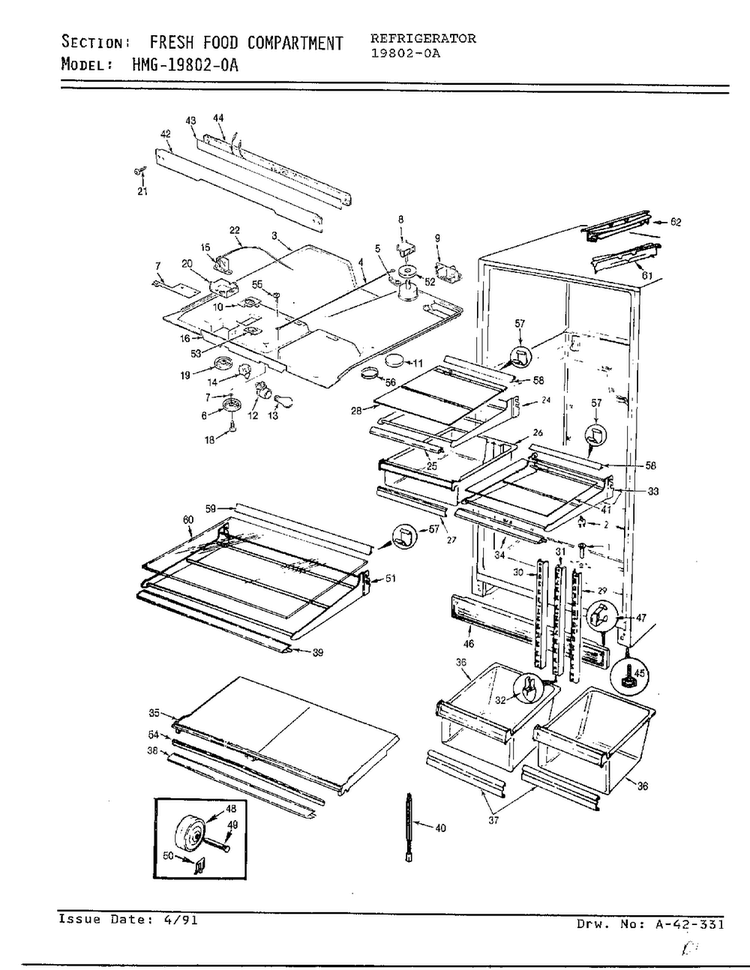 Fresh Food Compartment Diagram and Parts List for 19802-0A  Admiral Refrigerator