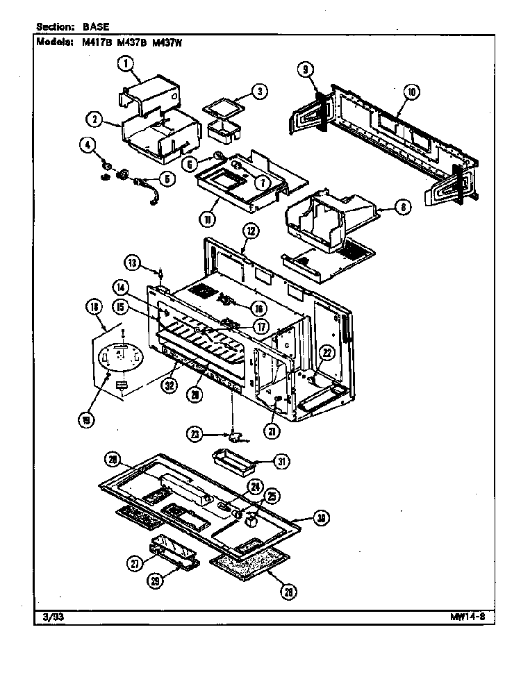 Base Diagram and Parts List for M437B  Jenn-Air Microwave