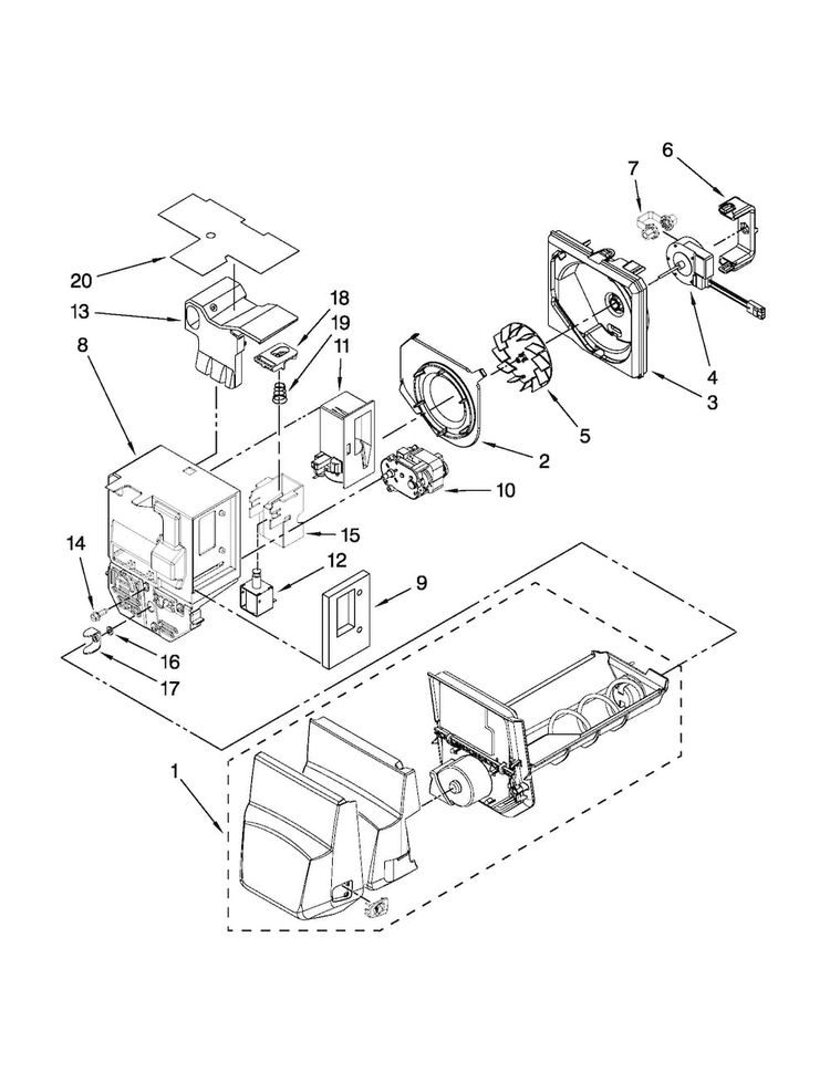 Motor And Ice Container Parts Diagram and Parts List for MFI2269VEB2  Maytag Refrigerator
