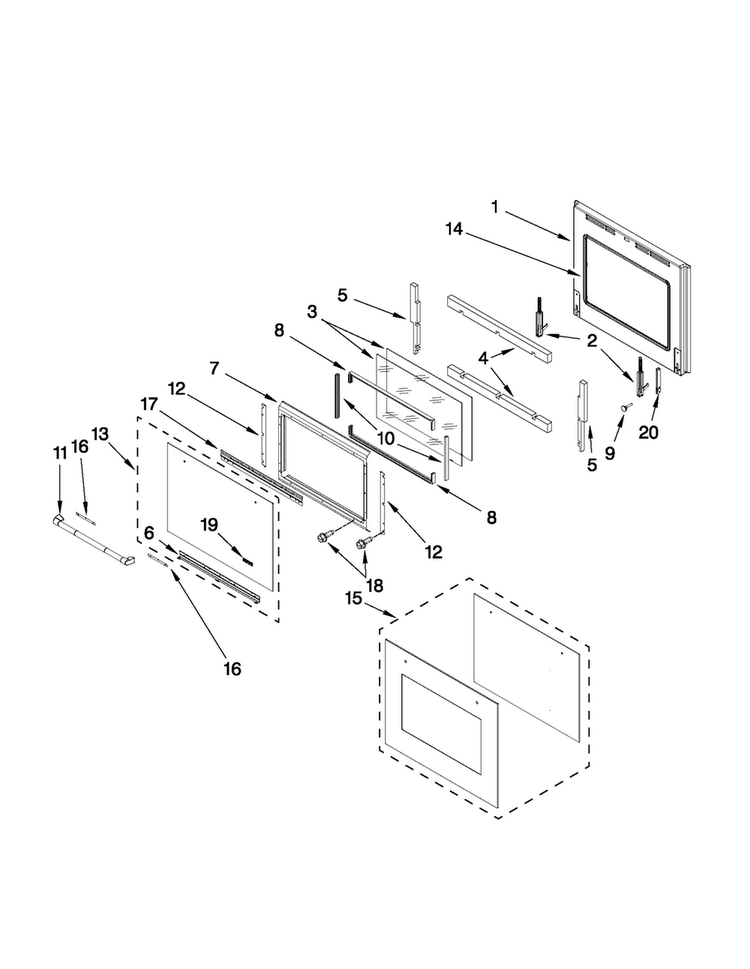 Lower Oven Door Parts Diagram and Parts List for JJW3830WP01  Jenn-Air Wall Oven