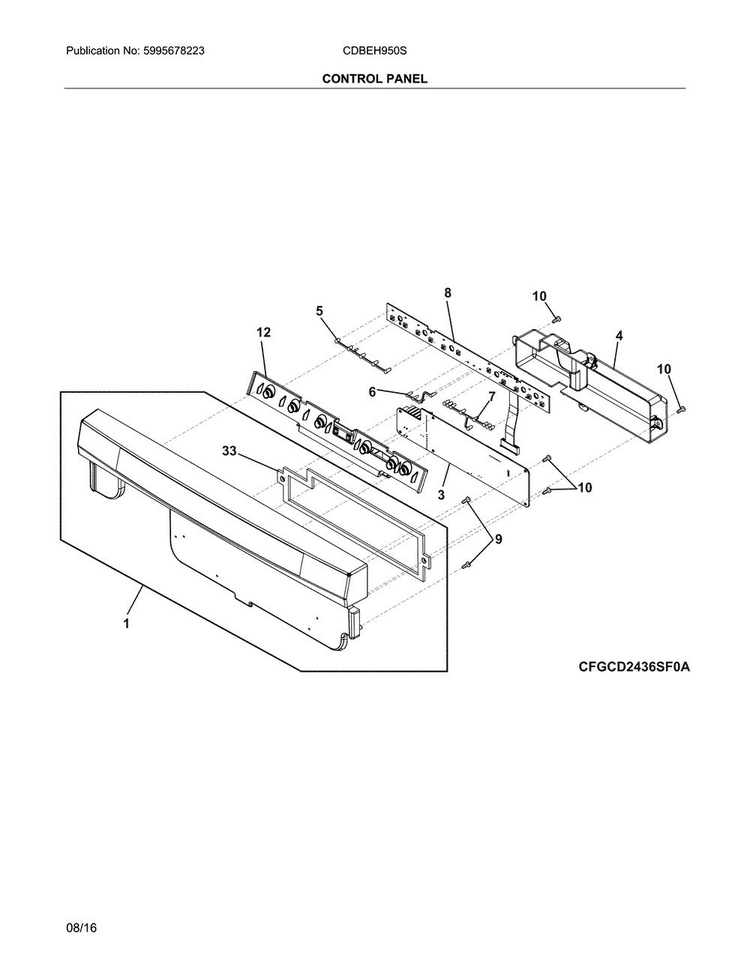 Control Panel Diagram and Parts List for CDBEH950SW0A  Crosley Dishwasher
