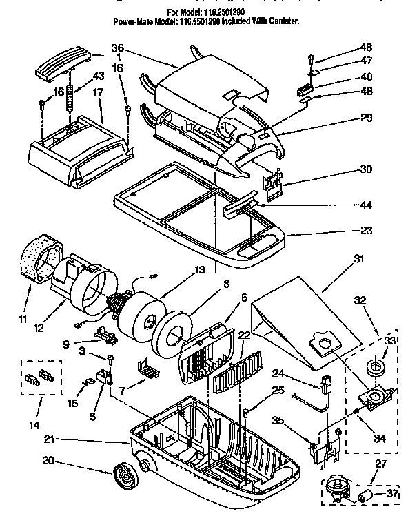 Canister Diagram and Parts List for 1162501290  Kenmore Canister Vacuum