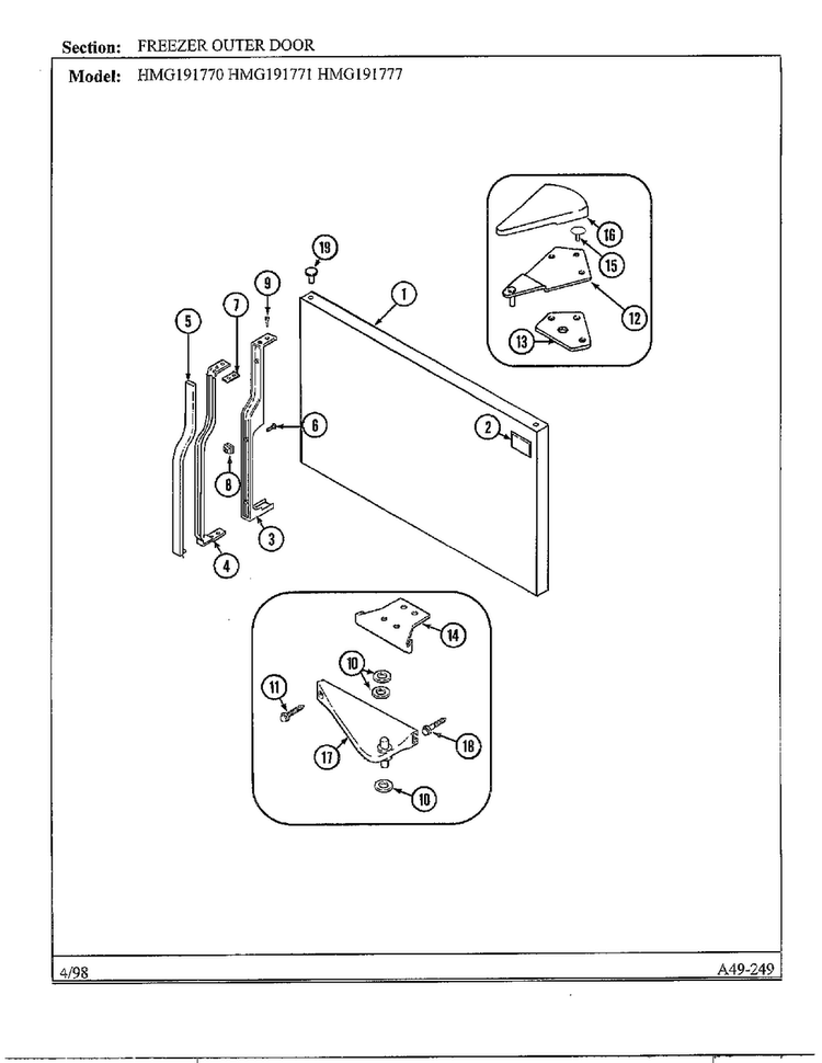 Freezer Outer Door Diagram and Parts List for HMG191777  Admiral Refrigerator
