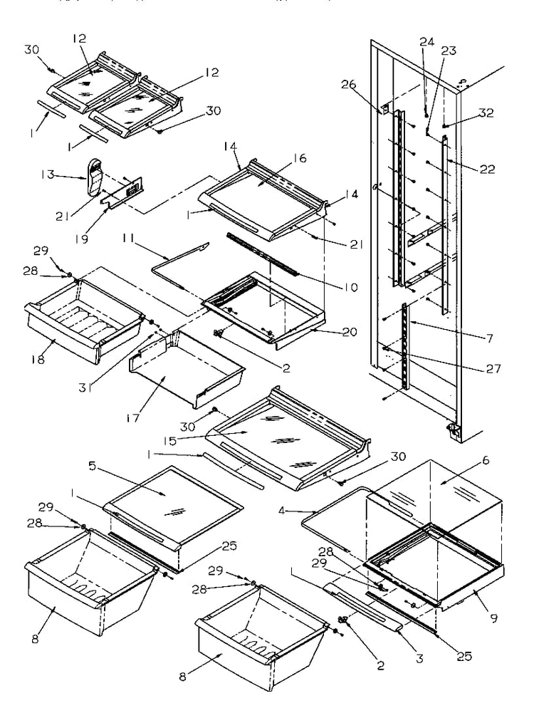 Shelving And Drawers Diagram and Parts List for GSDE3201SW-P1190901WW  Amana Refrigerator