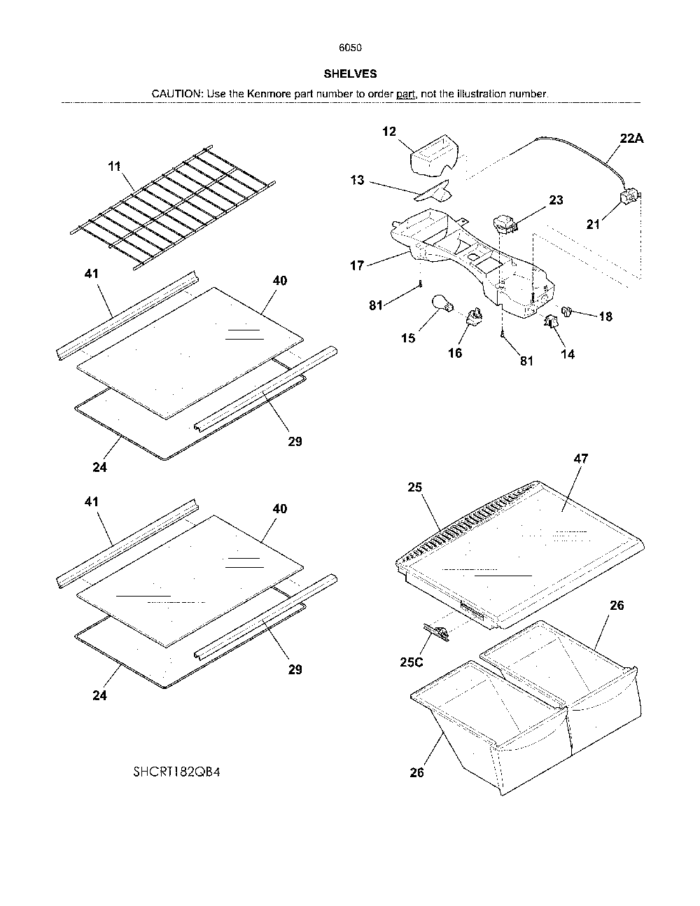 Shelves Diagram and Parts List for 25360509614  Kenmore Refrigerator