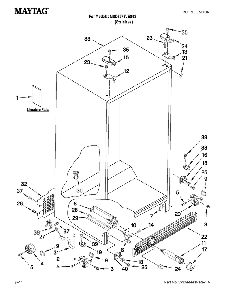 Cabinet Parts Diagram and Parts List for MSD2272VES02  Maytag Refrigerator