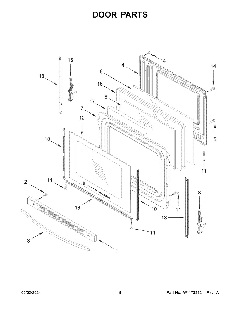 Door Parts Diagram and Parts List for AER6603SMS1  Amana Range