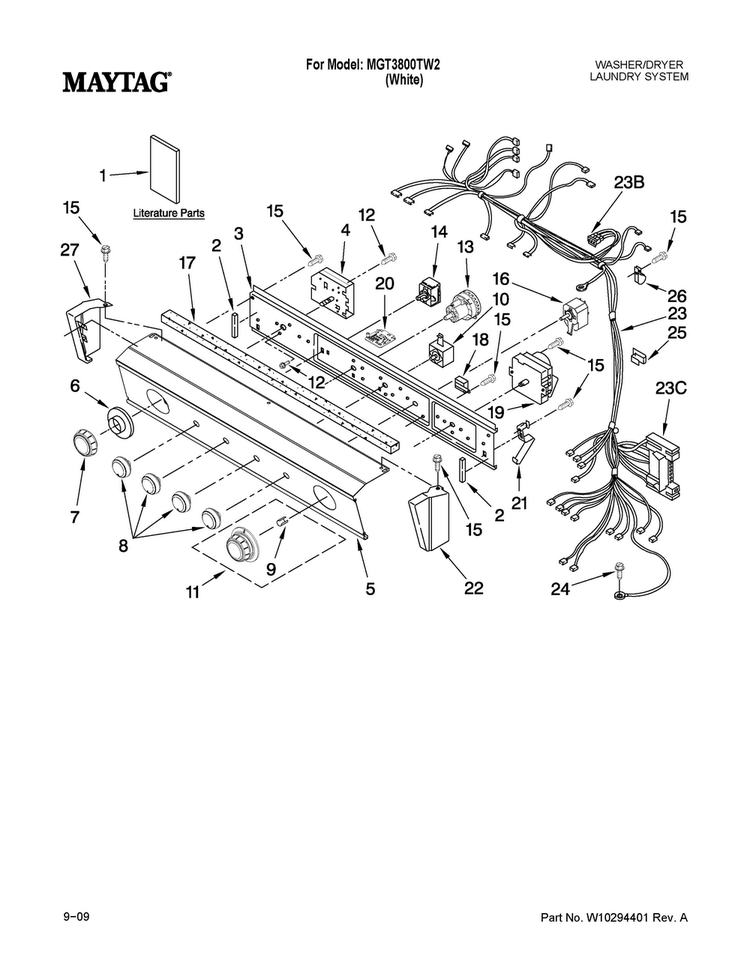 Washer/dryer Control Panel Parts Diagram and Parts List for MGT3800TW2  Maytag Washer Dryer Combo