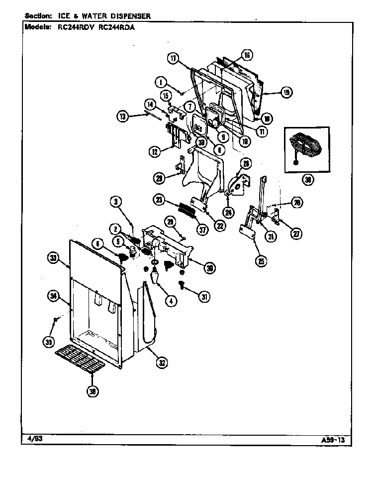 Ice & Water Dispenser Diagram and Parts List for RC244RDA DS83B Magic Chef Refrigerator