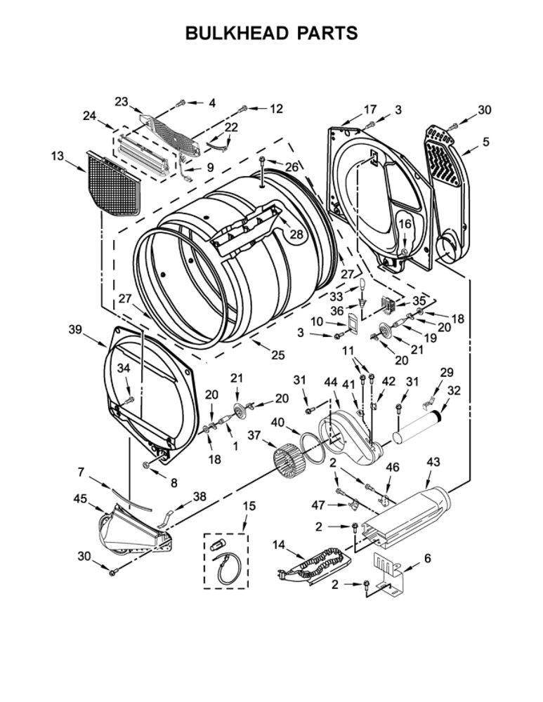 Bulkhead Parts Diagram and Parts List for MEDP575GW0  Maytag Dryer