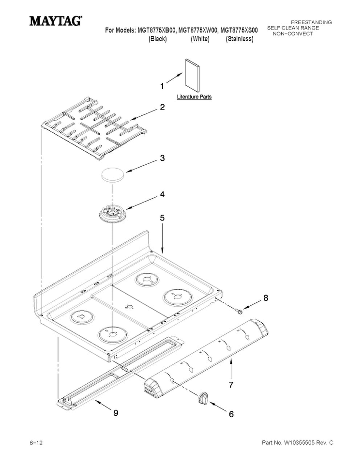 Cooktop Parts Diagram and Parts List for MGT8775XB00  Maytag Range