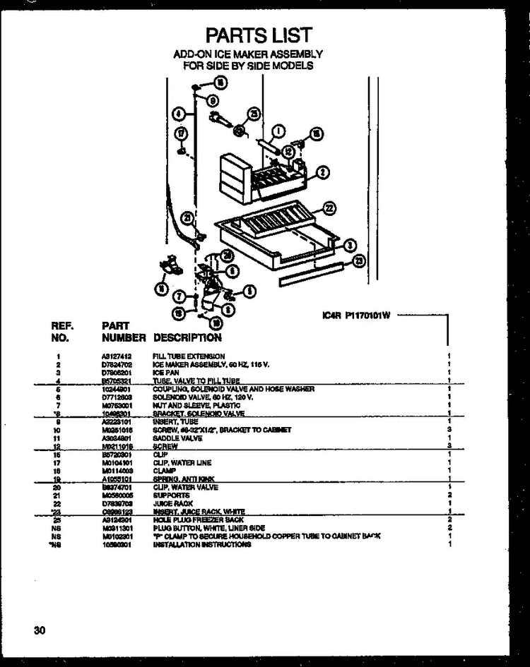 Add-on Ice Maker Assembly Diagram and Parts List for SZ25NE-P1162702WE  Amana Refrigerator
