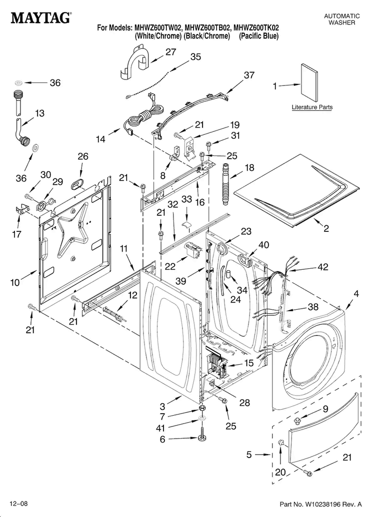 Top And Cabinet Parts Diagram and Parts List for MHWZ600TB02  Maytag Washer