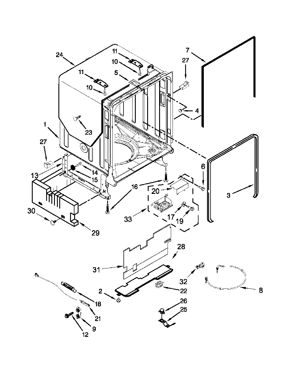 Tub And Frame Parts Diagram and Parts List for 66512833K313  Kenmore Dishwasher