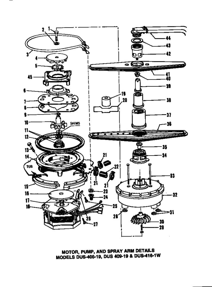Motor, Pump, And Spray Arm Details 4 Diagram and Parts List for DUS-414-19  Maytag Dishwasher