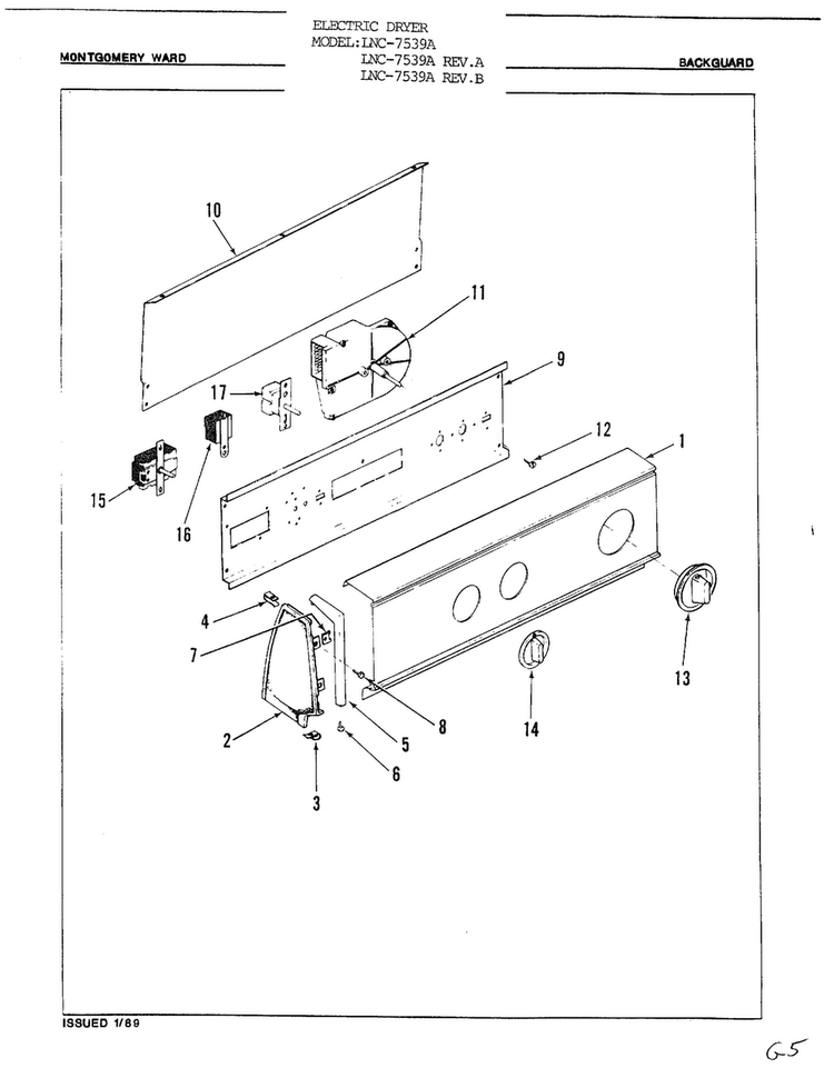 Backguard Diagram and Parts List for 7539A REV A Norge Dryer