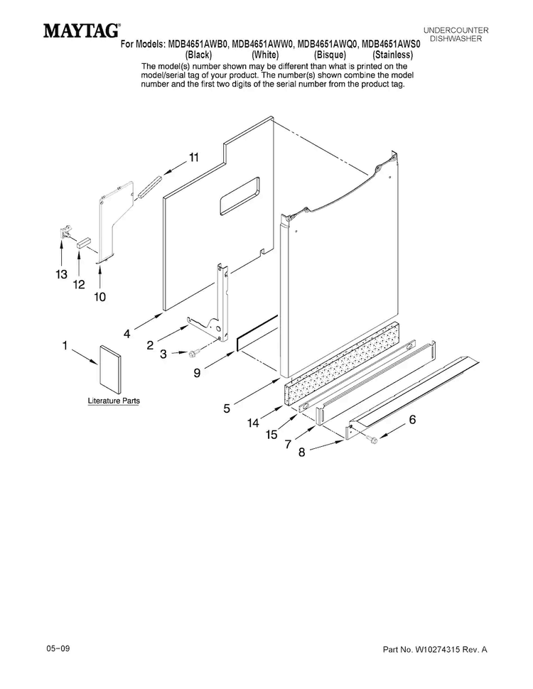 Door And Panel Parts Diagram and Parts List for MDB4651AWQ0  Maytag Dishwasher