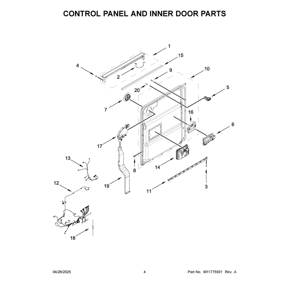 Control Panel And Inner Door Parts Diagram and Parts List for JDTS3924SM0  Jenn-Air Dishwasher