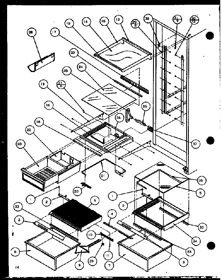 Refrigerator Shelving And Drawers Diagram and Parts List for SBD20K-P1102508W  Amana Refrigerator