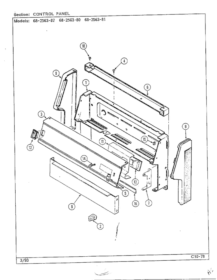 Control Panel Diagram and Parts List for 68-2563-87  Magic Chef Range